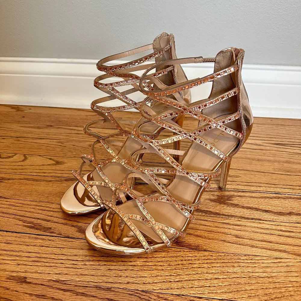 Aldo Rose Gold Strappy Rhinestone Heels